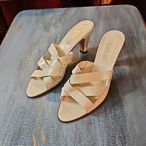 NWOT Chalini White Italian Leather Criss Cross Kitten Heels 8 | Luxury